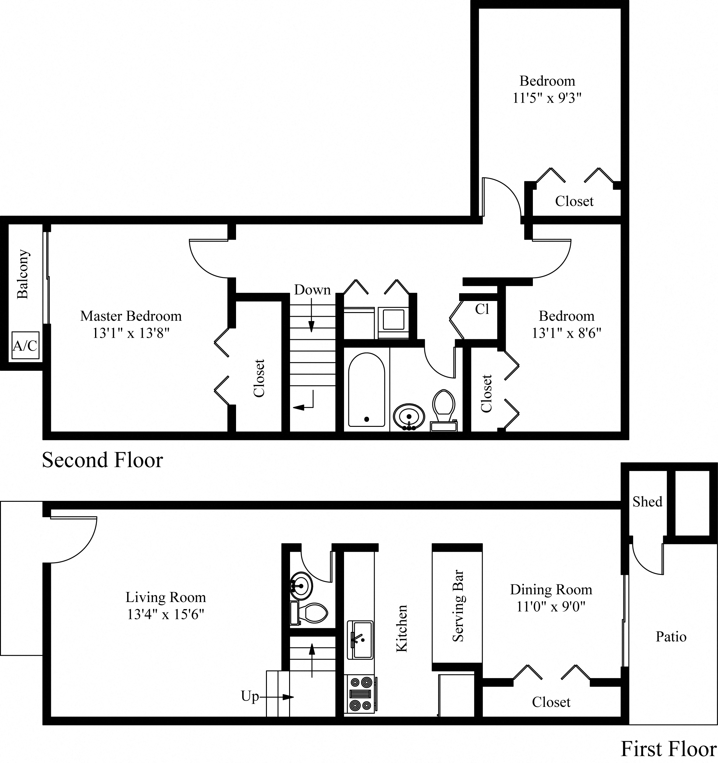 Floor plan for 3 beds, 1.5 baths, 1055 sqft